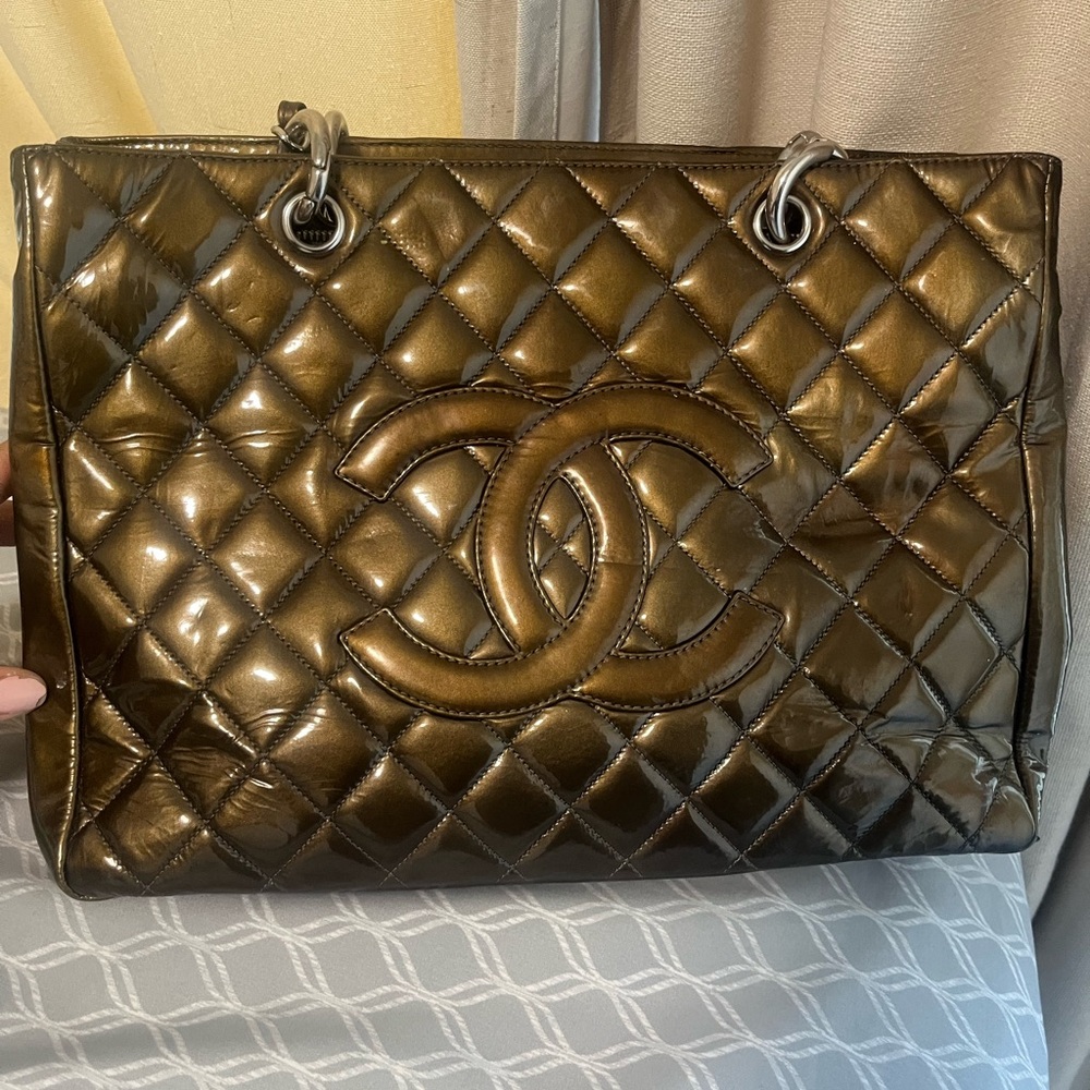 CHANEL Quilted Patent Leather Tote – Bronze with Silver Hardware